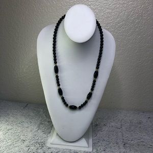 VINTAGE BLACK BEAD Gold Tone Necklace